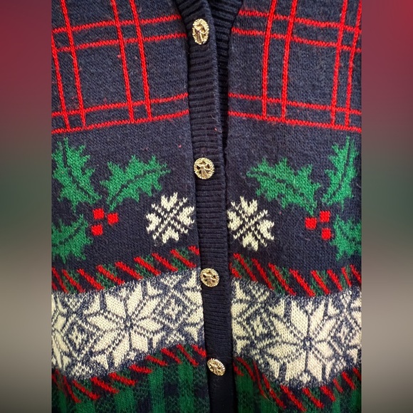 Southern Lady Festive Navy Red Green Holiday Christmas Tree Holly Nordic Vest - Picture 3 of 4